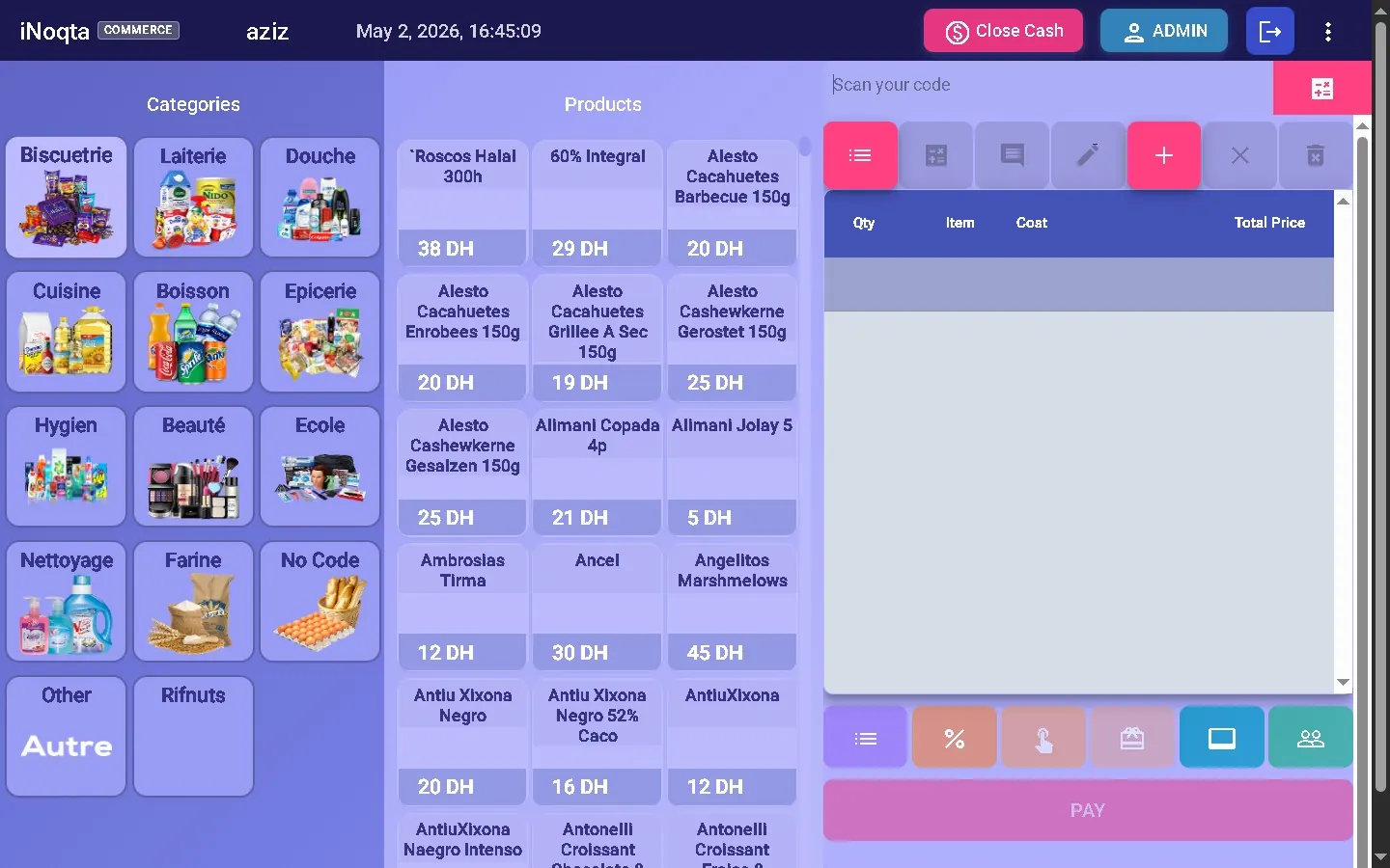 Inoqta POS — interface de caisse en mode Commerce avec catégories, produits et panier