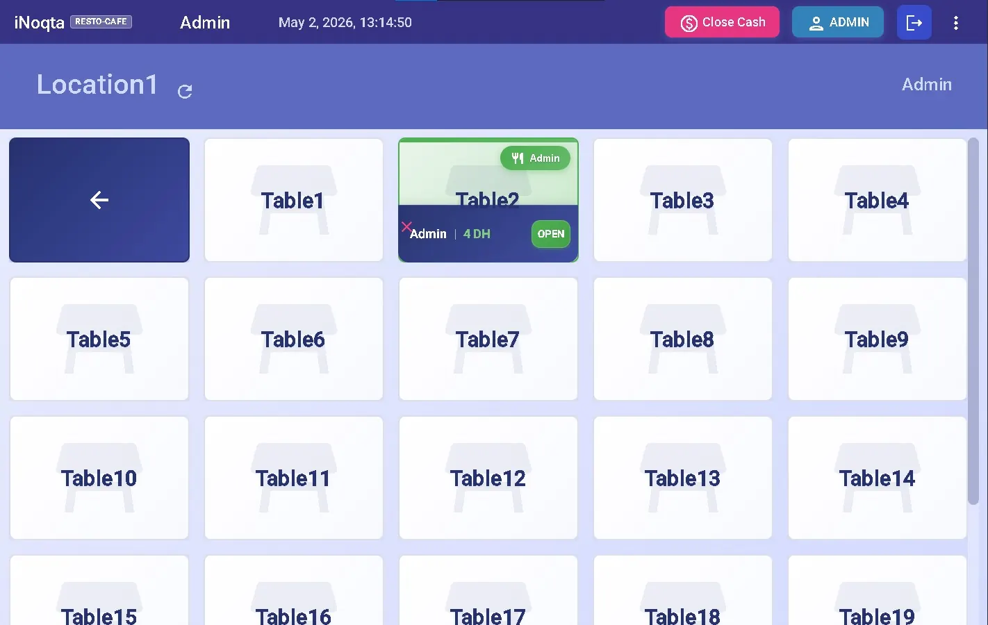 Plan de salle Inoqta POS — vue des tables ouvertes et libres